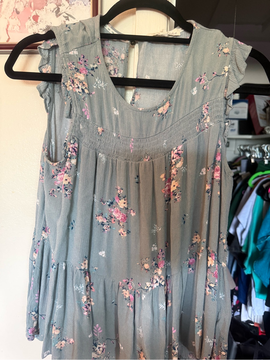 Rewind Dusty Sage Floral Ruffle Sleeve Tunic